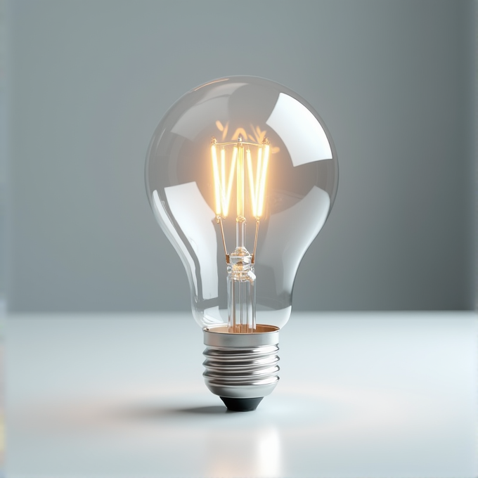 A lit incandescent light bulb with a glowing filament against a simple background.