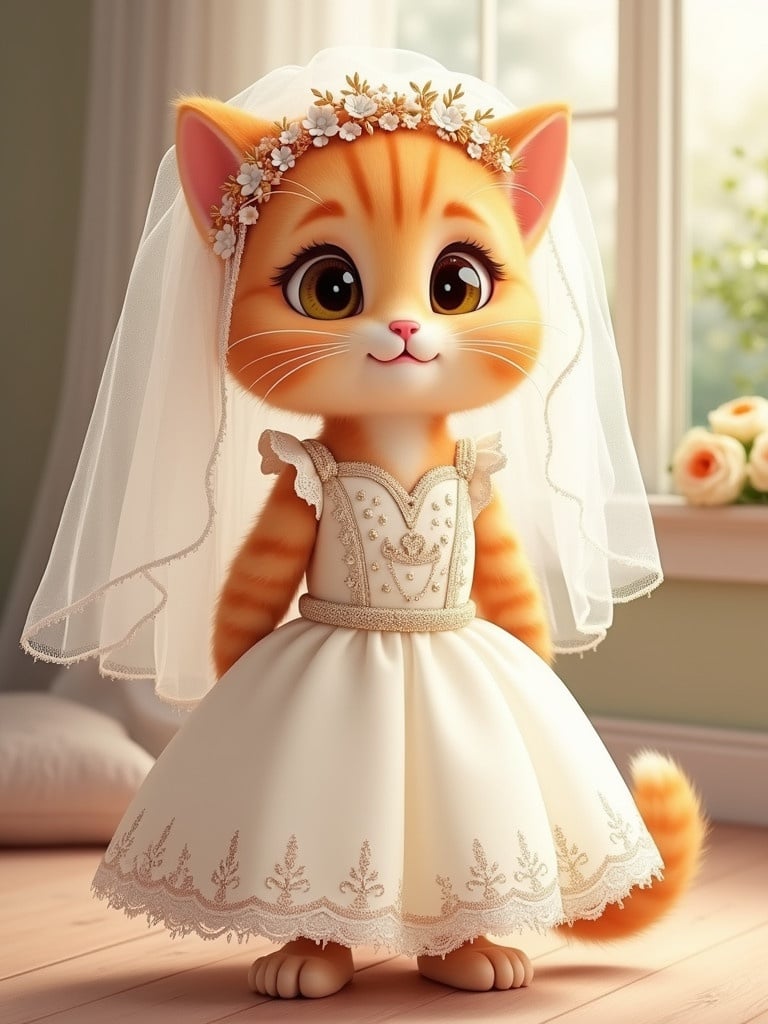 Cartoon cat wearing a bridal gown. The gown is white with embroidery. Cat appears cute. Decorated with a veil. Bright interior with flowers. Soft lighting affects the mood.