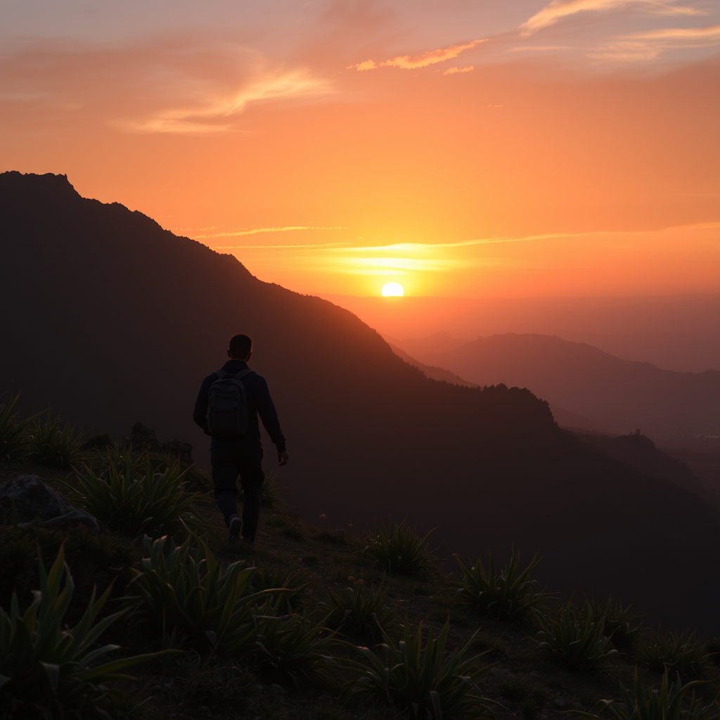 A lone hiker silhouetted against a vibrant mountain sunset.