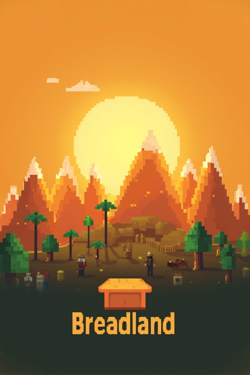 Logo design for a Minecraft server named Breadland features a pixel bread. Title Breadland appears on the sun. The background shows a Minecraft landscape with mountains and trees. Bright orange background simulates sunset. Blocky characters interact with the environment.