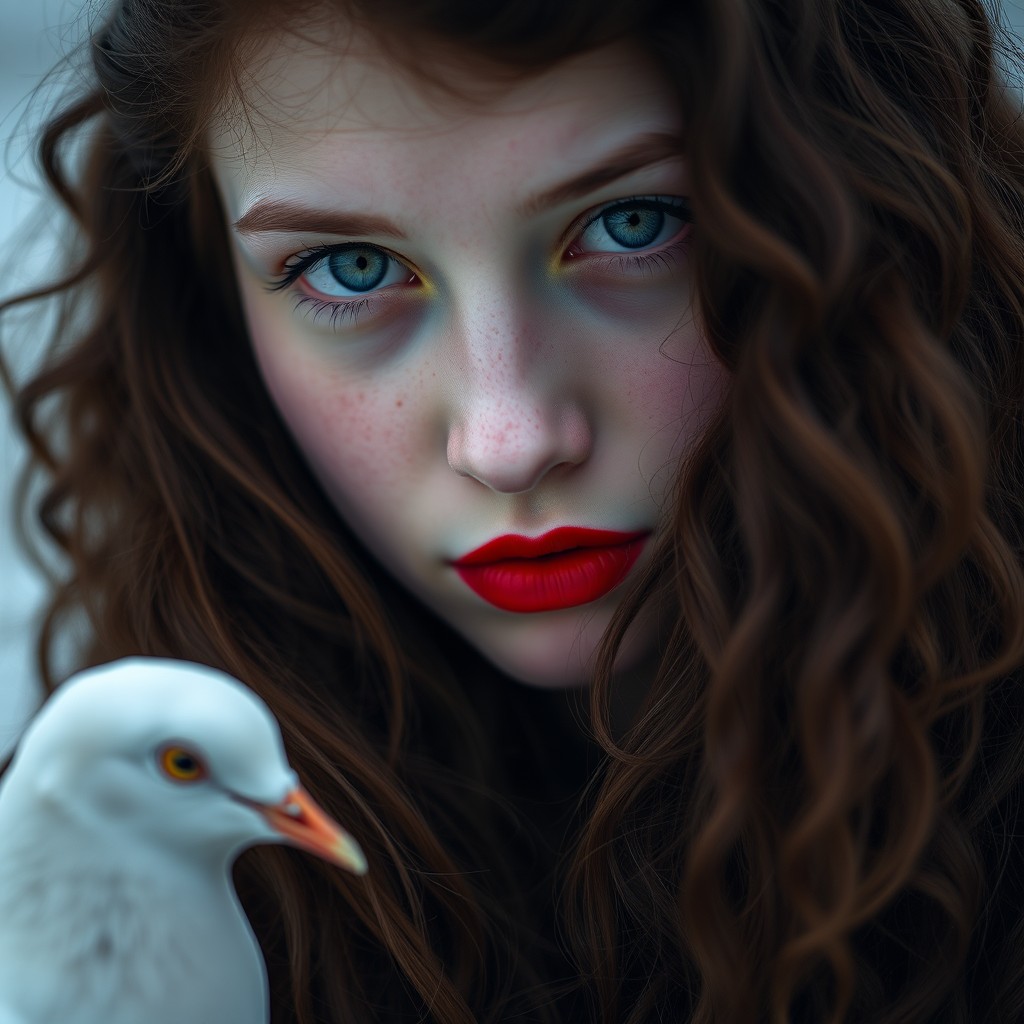 A portrait of a woman with striking blue eyes and vibrant red lips, accompanied by a white bird.