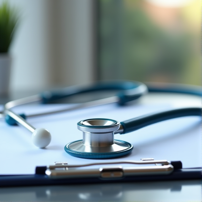 A stethoscope and clipboard rest on a desk near a window.