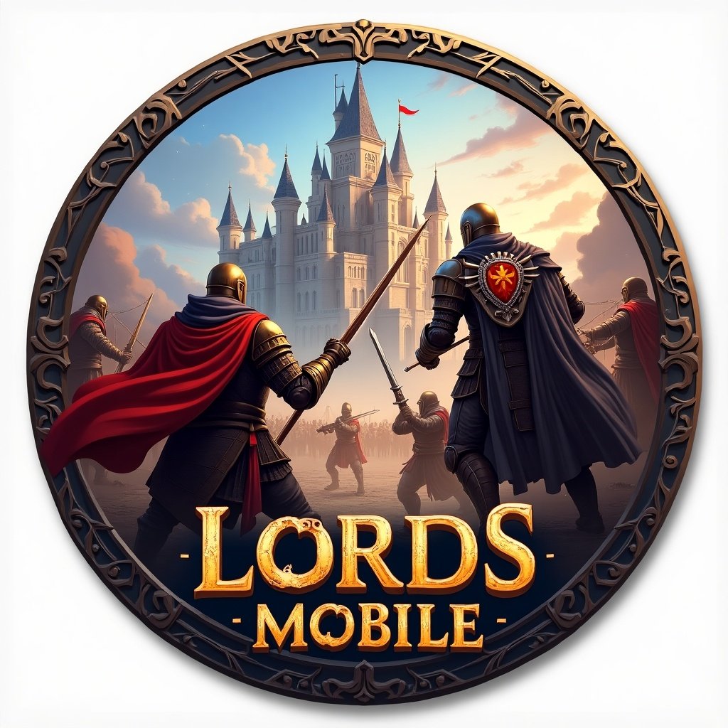 Create a badge for the mobile game 'Lords Mobile' featuring two heroes: Oath Keeper and Rose Knight. The badge should have a fantasy theme, emphasizing a heroic battle atmosphere. The background should depict a majestic castle with enemies attacking, including ranged units and archers. Ensure the design fits within a display area of 58mm diameter and a production area of 70mm diameter, allowing sufficient space for production. Use the color mode CMYK for printing. Include the words 'LORDS MOBILE' prominently in the design.