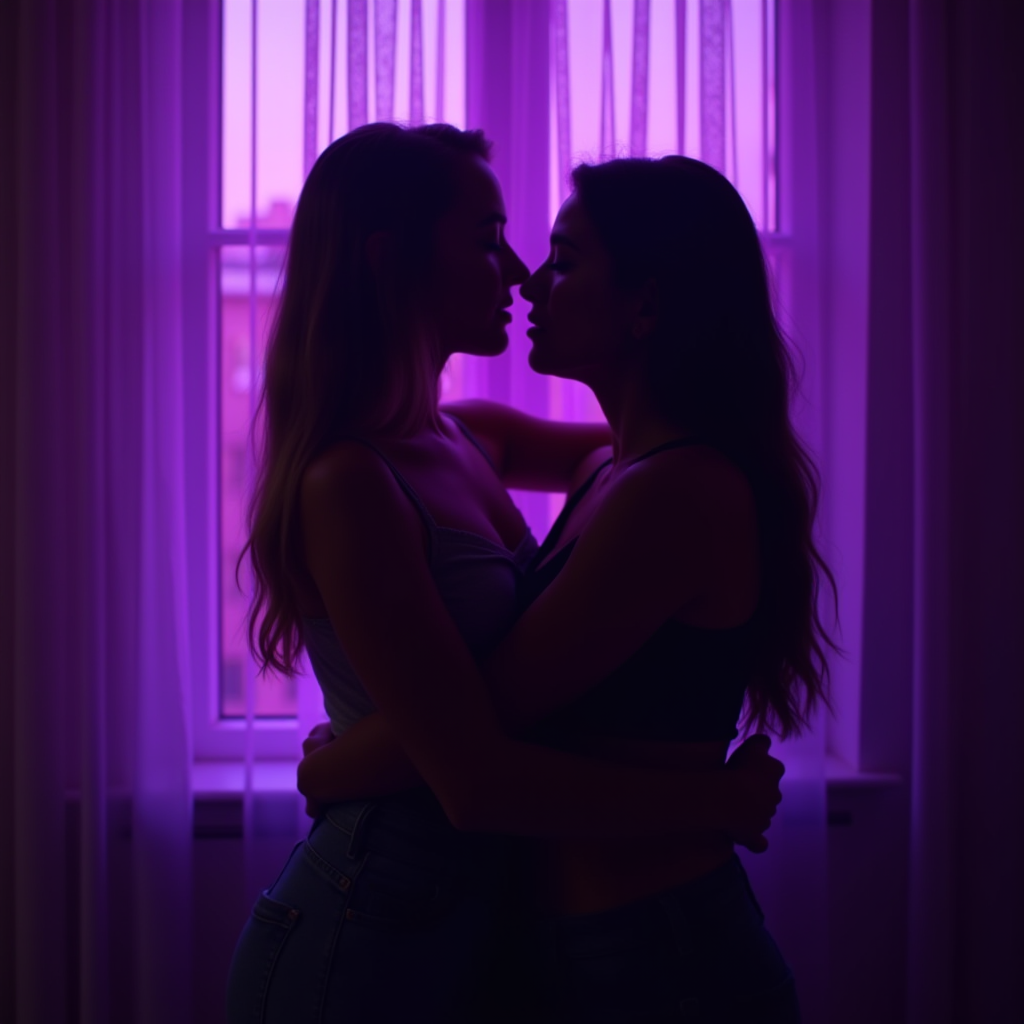 Two people stand close together in a purple-lit room, silhouetted against a sheer curtain.