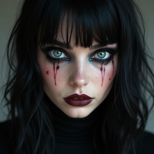 A realistic portrait of a beautiful caucasian goth woman. She has pretty dark makeup and natural lighting highlights. The focus is on her hair and makeup without the visible face.