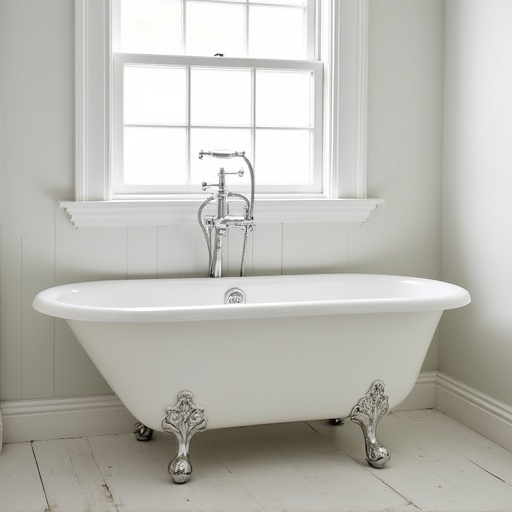 A clawfoot bathtub with silver fixtures. The bathtub is positioned below a window in a clean, bright room. The walls are light gray and the floor is white wood. There are decorative features like the faucet and the ornate legs of the bathtub.