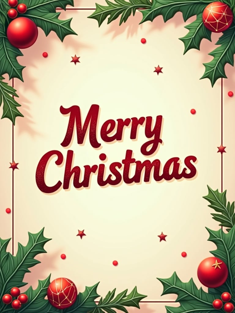 Design features bold typography saying Merry Christmas. Border decorated with holly leaves and red ornaments. Bright and cheerful colors create a warm atmosphere. Suitable for festive occasions.