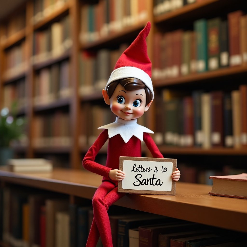 An adorable elf on the shelf is inside of a library with a Christmas aesthetic. The elf is holding a sign that says Letters to Santa.