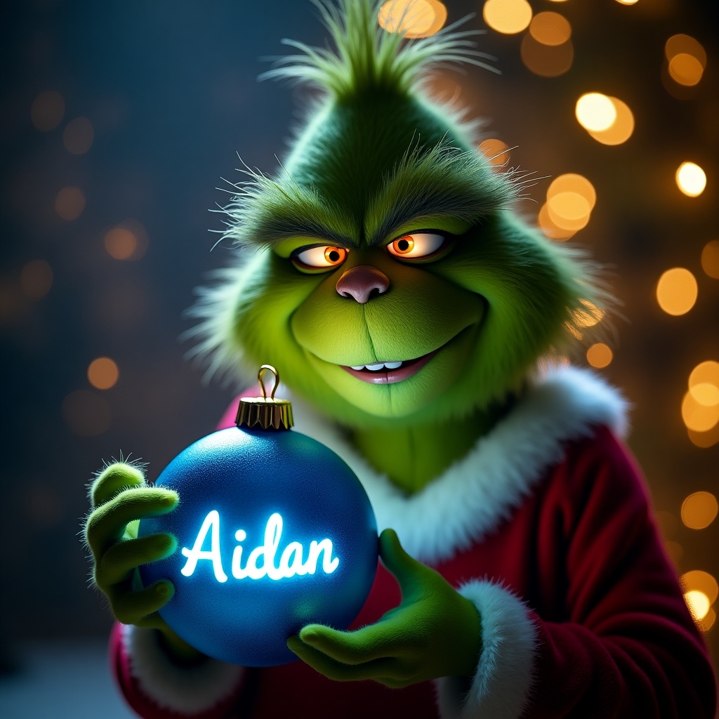 A Grinch character holds a blue Christmas bauble with Aidan written in elegant script. The bauble glows, illuminating the dark surroundings. Twinkling Christmas lights create a festive atmosphere. Perfect for Christmas-themed designs.