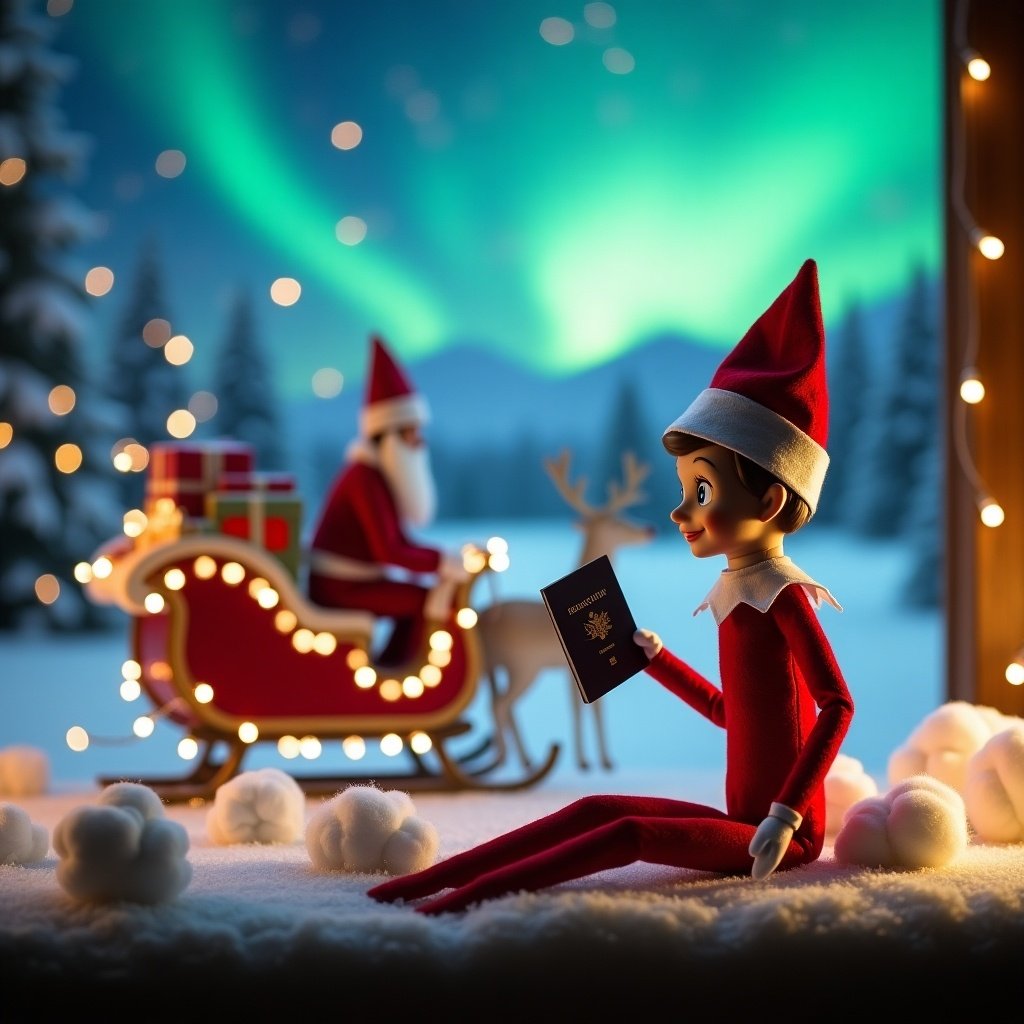 Elf on the shelf at North Pole preparing to board Santa's sleigh. Elf holds a passport. Decorated sleigh filled with gifts in the background. Fake snow made of cotton balls. Warm lighting enhances holiday spirit. Elf using wand to spell names in sparkling letters. Winter landscape with northern lights. Silhouette of Santa riding reindeer in background. Snow-covered trees and mountains complete scene.