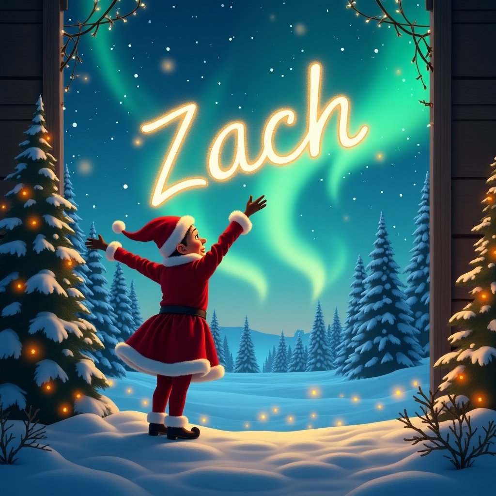 Enchanting scene of an elf joyfully writing in the sky. Magical winter landscape with northern lights. Santa Claus is nearby. Christmas lights twinkle around the window.