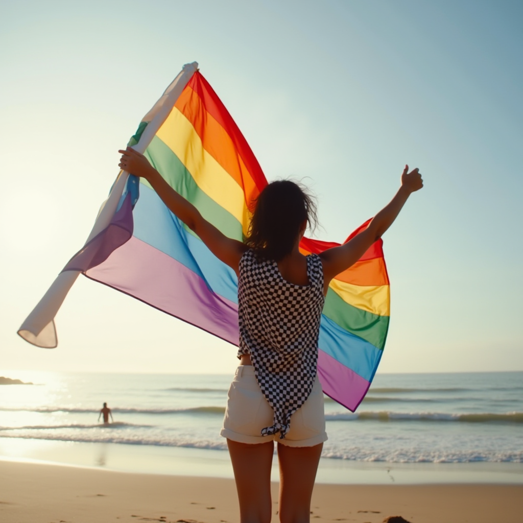 A person holds up a rainbow flag by the ocean, symbolizing pride and freedom.