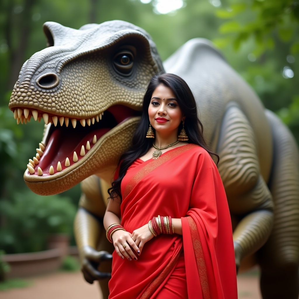 Vibrant image shows a woman confidently posing in a red sari in front of a dinosaur statue. The bright colors of the sari contrast with the dinosaur's texture and the natural green background enhances the lively scene.