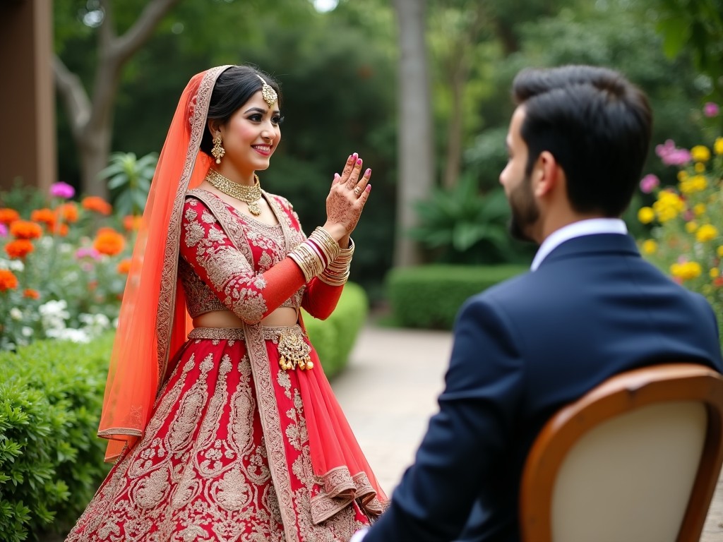 A bride in a red and gold traditional dress joyfully interacting with a groom seated in a garden full of colorful flowers.