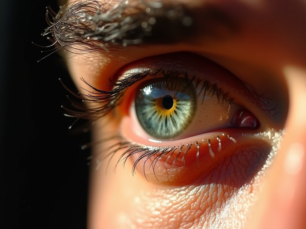 This image features a striking close-up of a human eye, likely belonging to a Sufi master. The eye showcases intricate details with a dominant color palette of blue and green, enhanced by sunlight highlighting its unique textures. Shadows play delicately across the skin surrounding the eye, adding depth and contrast. The focus is firmly on the captivating iris and pupil, evoking a sense of spirituality and deep contemplation. This visually stunning representation can inspire themes of insight, perception, and enlightenment.