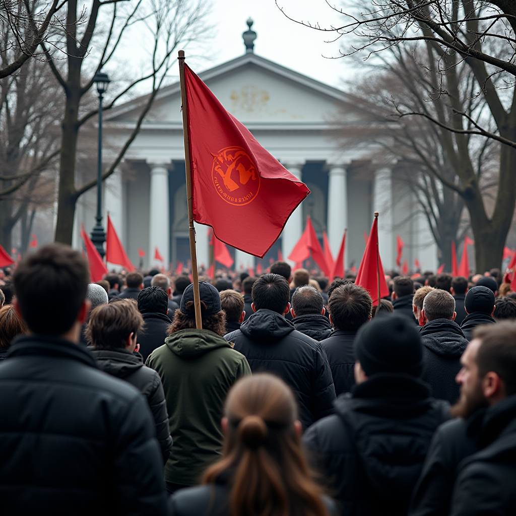 A large crowd of people holding red flags gathers in front of a neoclassical building with tall columns.