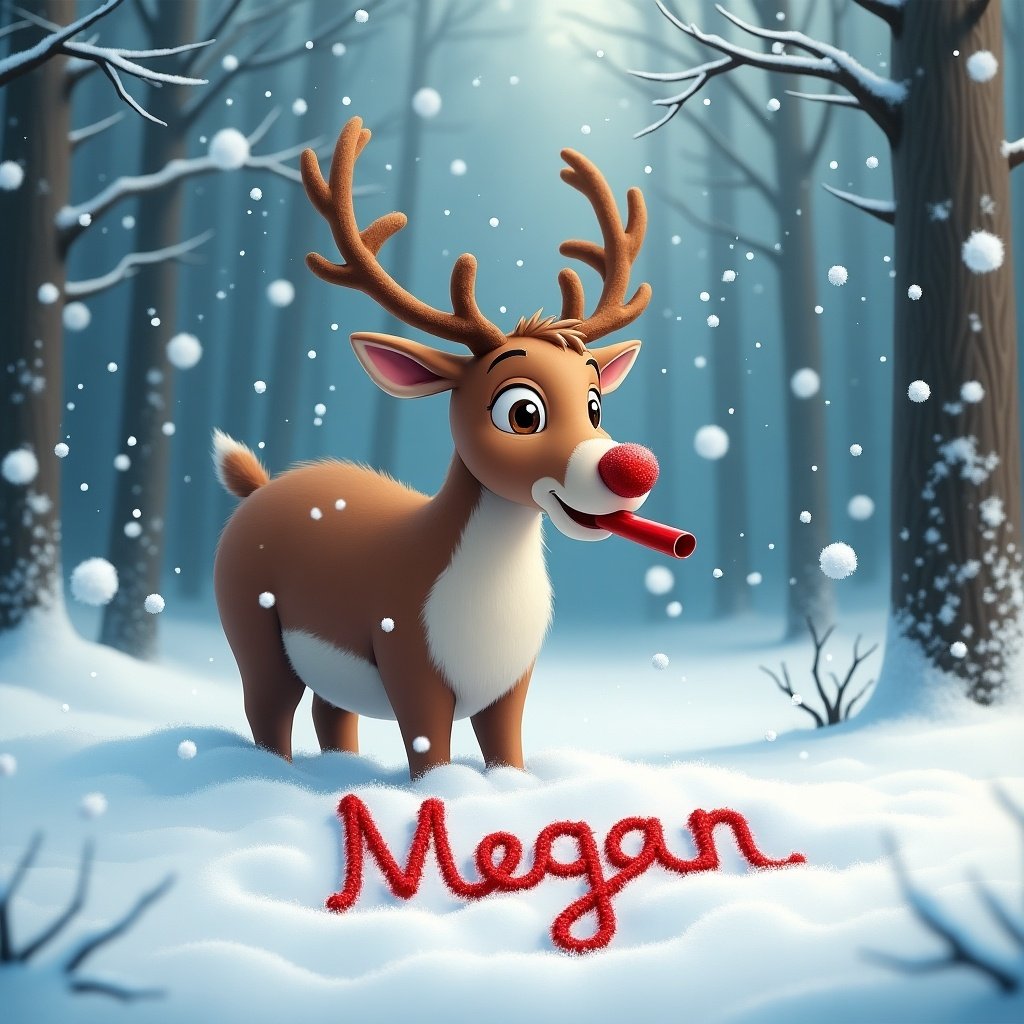 A reindeer in a snowy forest. The reindeer writes the name 'Megan' in the snow using a red marker. Snowflakes are falling around, creating a magical atmosphere. The scene captures Christmas and personalization.