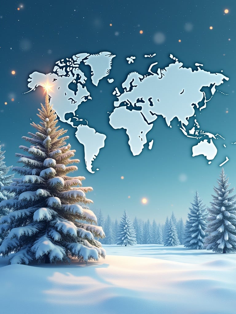 Snowy landscape with a world map overlay. Christmas tree with a star symbolizes connection and joy. Designed for corporate greetings during the holiday season.