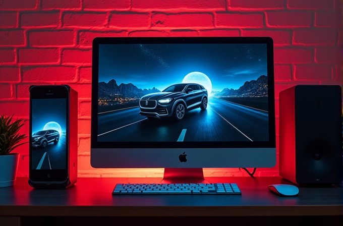 A desktop setup with a screen displaying a car on a moonlit road, surrounded by red ambient lighting.