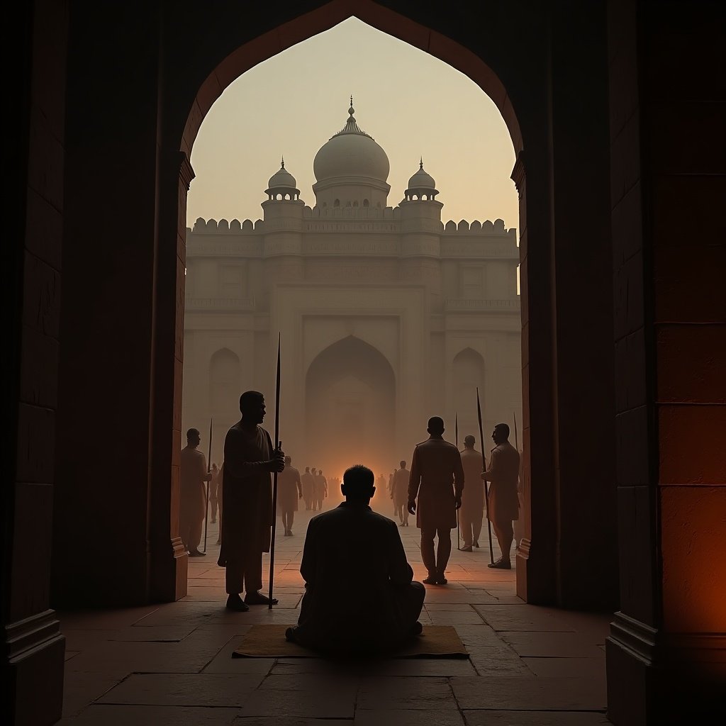 Camera pans over Agra Fort at dusk. A dimly lit chamber shows Shivaji Maharaj calmly seated, dressed simply yet authoritatively. Guards with spears stand at the door.