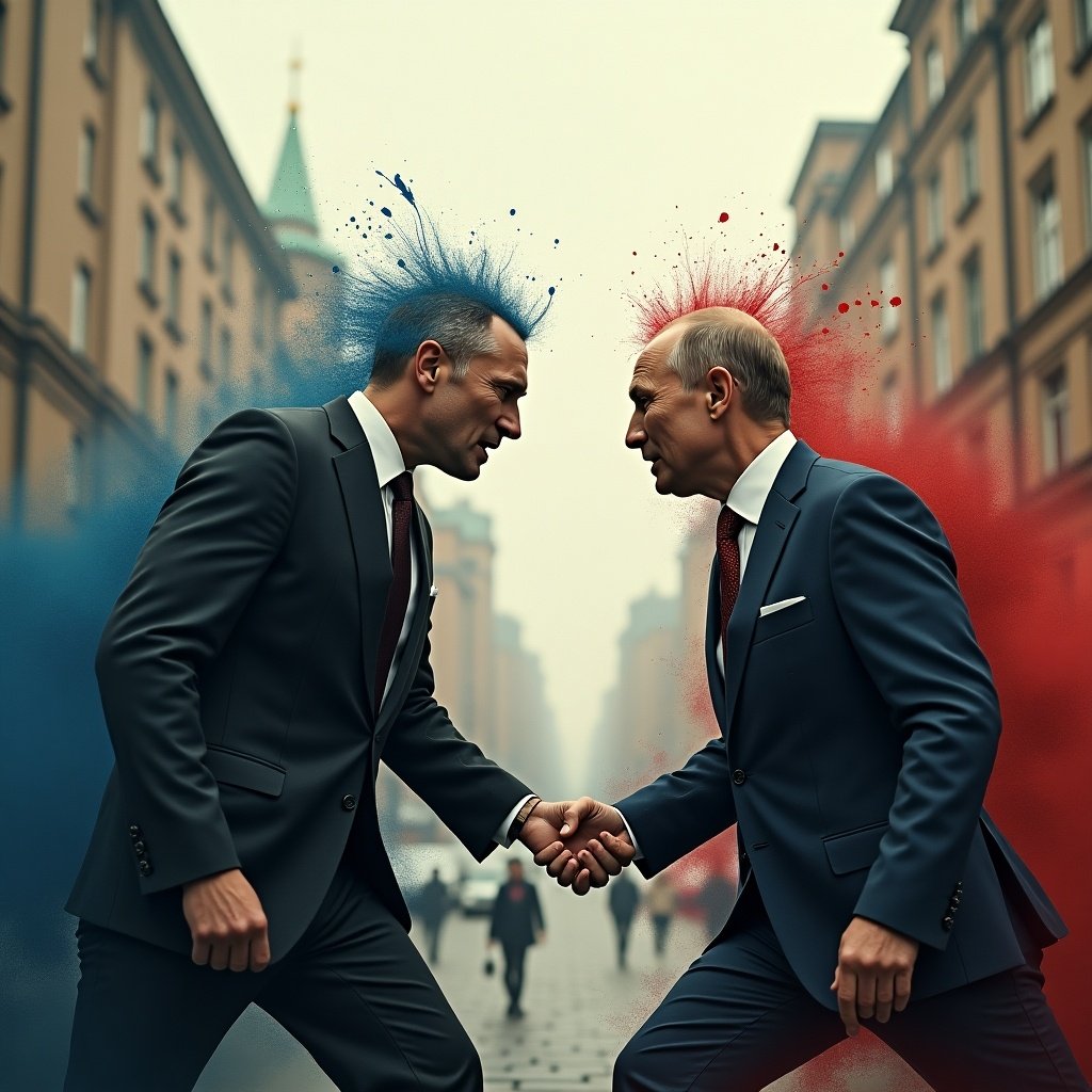 Two suited men shake hands in a city setting. Blue and red colors splash around them, creating a dramatic effect. The atmosphere is tense yet significant.