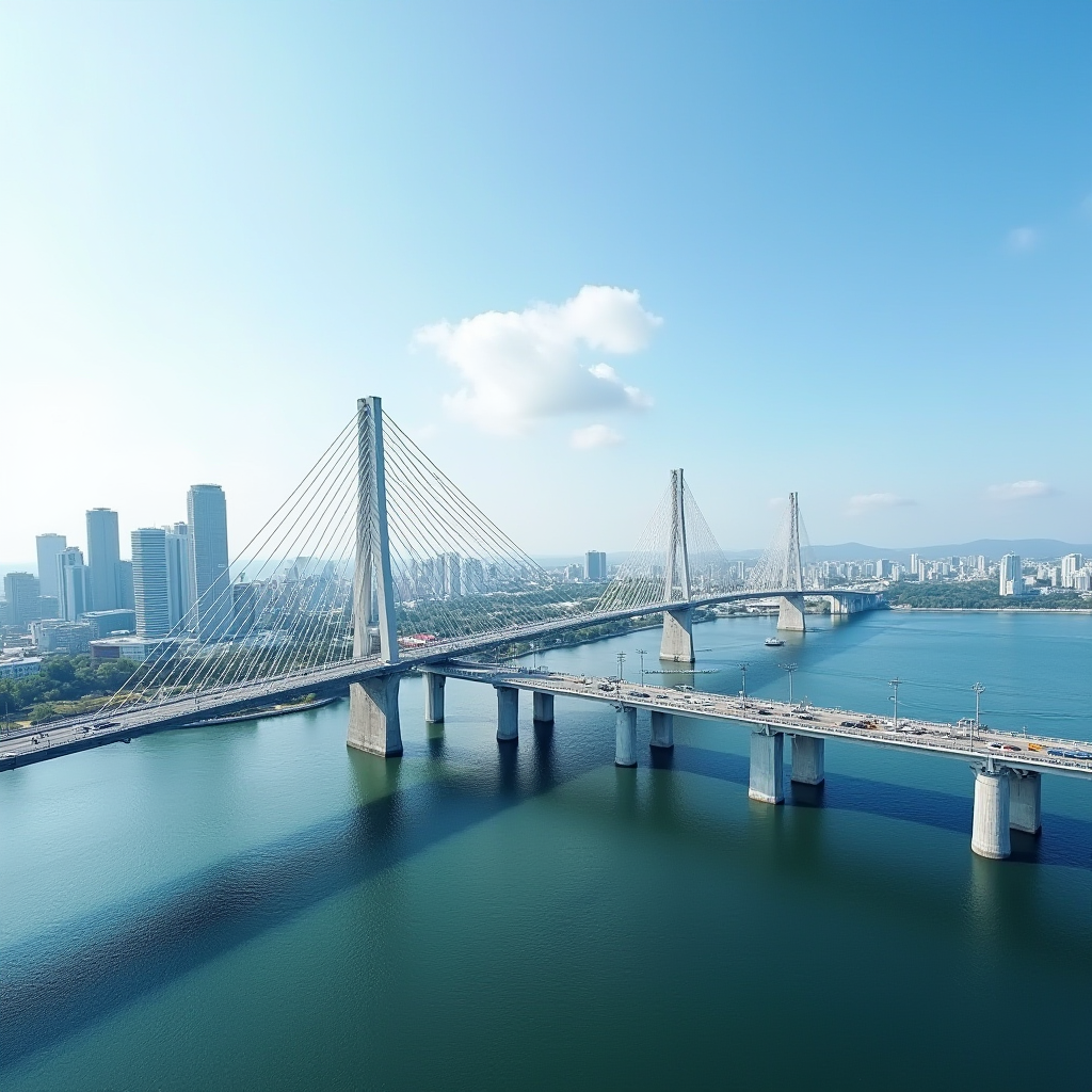 A modern cable-stayed bridge spans across a river with a city skyline in the background.