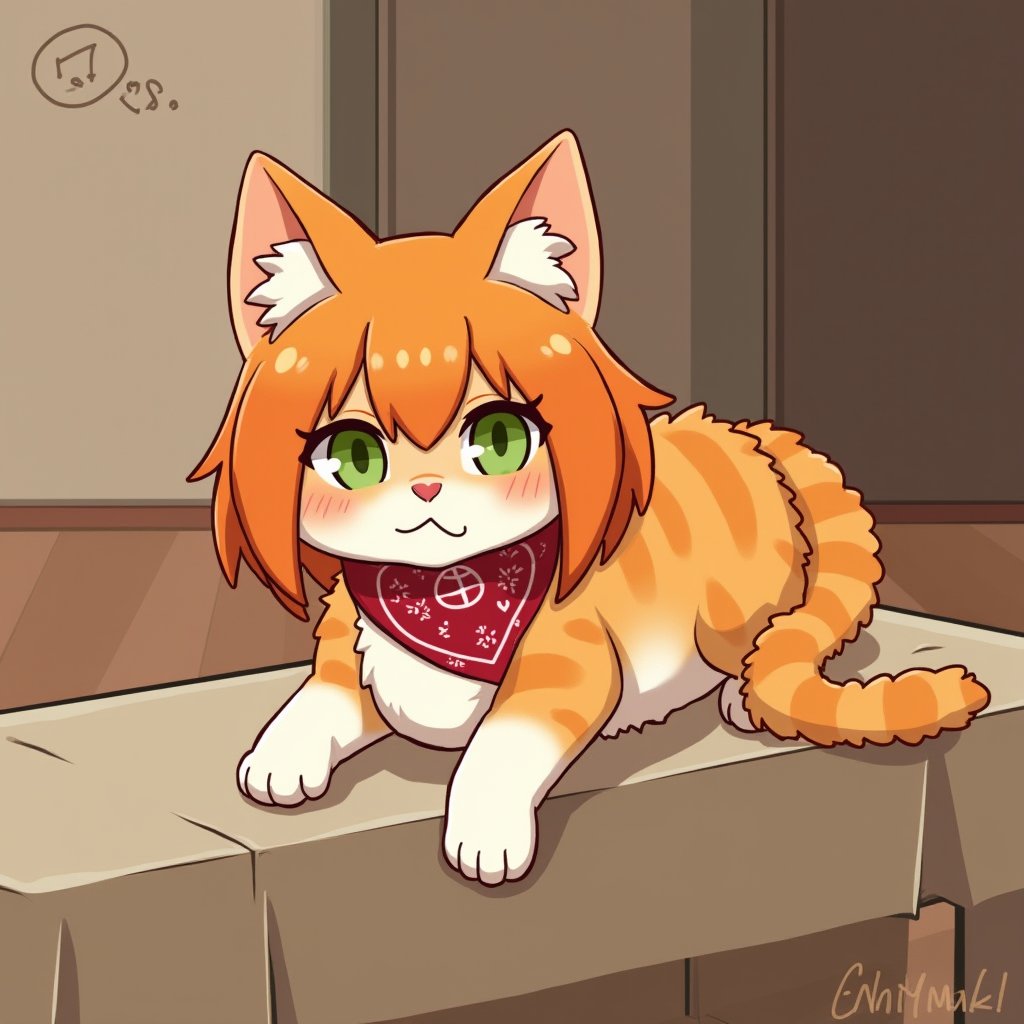 A cute, cartoon-style orange cat with green eyes and a red bandana lying on a table.