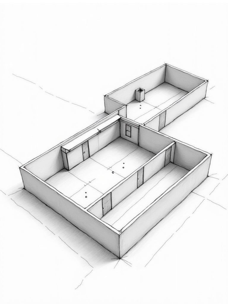 Detailed pencil sketch of 2D food manufacturing facility. Three separated rooms with walls. Fine line textures and soft shading. Monochrome or muted tones for organic look. Bird's-eye view captures layout. Intricate details in room outlines and doors. Realistic proportions. Use of cross-hatching for depth.