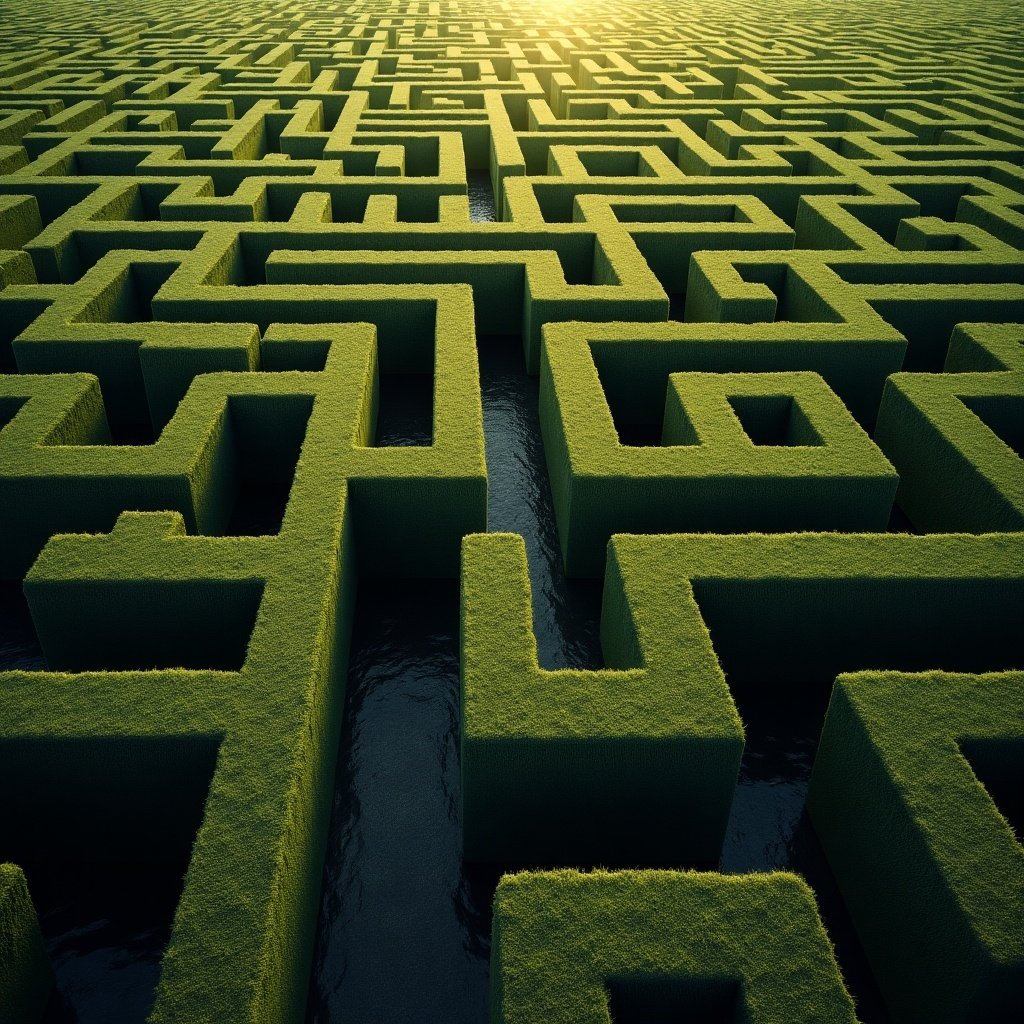 A complex maze made of green hedges. The aerial view shows numerous paths and intersections. A serene waterway flows through the maze. Soft light enhances the vibrant colors of the plants.