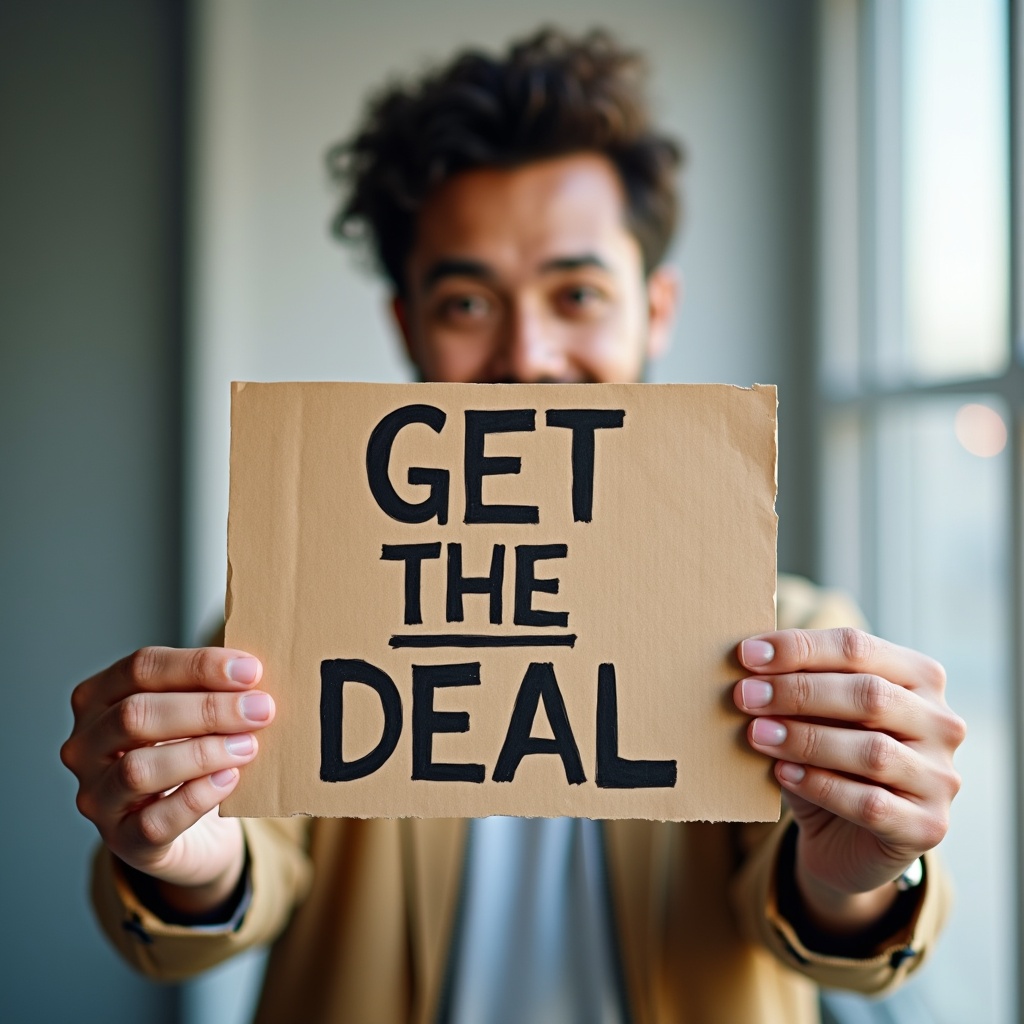 A person holding a sign saying 'GET THE DEAL'.