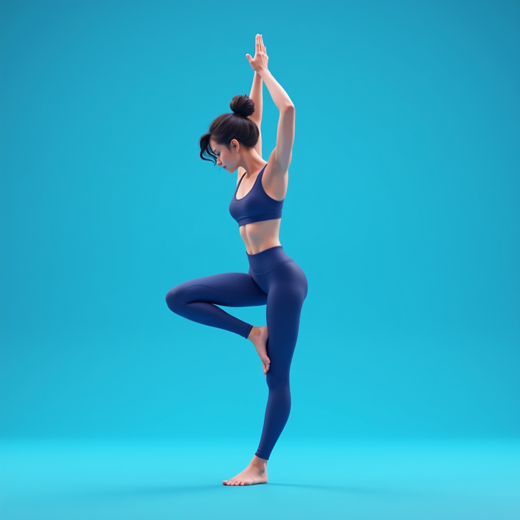 A woman in a yoga pose against a vibrant blue background, focusing on balance and grace.