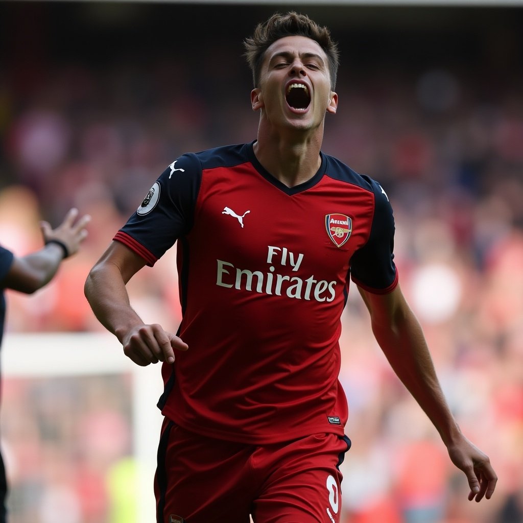 Player celebrating in Arsenal kit after scoring a goal. Predominantly red kit with black accents. Background shows a blurred cheering crowd. Bright daylight highlights the player’s expressions. Joy of scoring in a Premier League match.