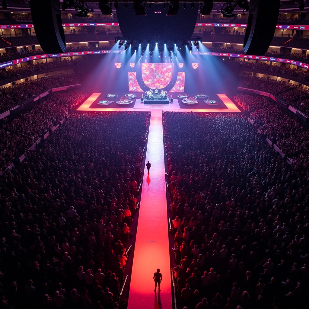 Aerial view of a concert stage with T-stage runway at Madison Square Garden. The crowd fills the seats. Bright lights illuminate the stage.