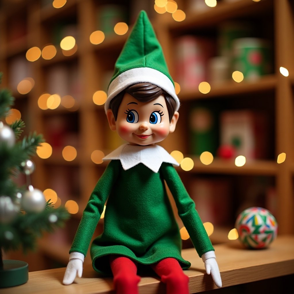 Elf on a shelf wearing green clothing. Surrounded by festive decorations. Soft bokeh lights in the background. Close-up view to accentuate details.