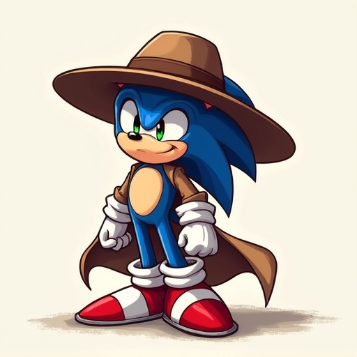 Sonic the Hedgehog character with a large wide-brimmed fedora hat. Sonic is wearing a long duster coat. No background to scene.