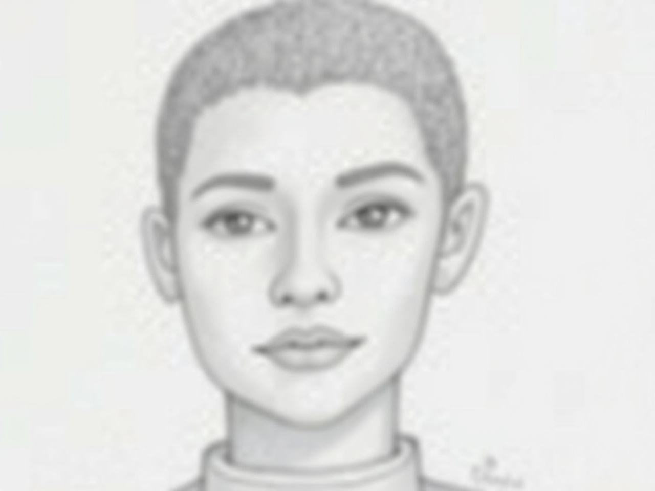 The image shows a hand-drawn pencil sketch of a person. The face is depicted with defined features, including clear eyes, a straight nose, and subtly curved lips. The hair is short and styled with a blunt cut. The subject has a neutral expression, conveying a sense of calmness. The sketch lacks color, emphasizing the grayscale tone of the pencil shading, which gives it depth and dimension. The person is wearing a simple neck garment, adding to the understated appearance of the drawing.