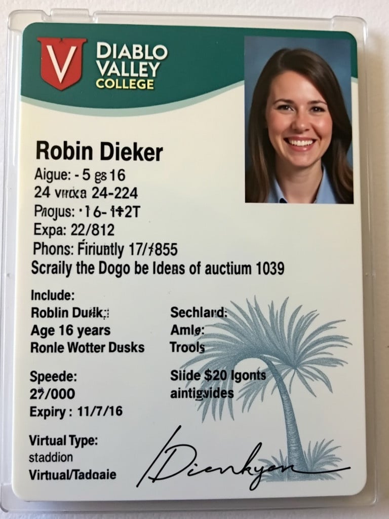 Student ID card design for Diablo Valley College. Includes name Robin Dieker. Age 24 years. Issued date 16 December 2024. Expiry date 16 July 2027. Virtual student type. Contains college logo. Simple card layout with clear text.