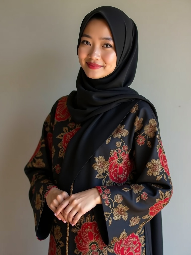 A woman wears traditional Malay attire. She is in a hijab and Baju Kurung. A neutral background surrounds her. The Baju Kurung has intricate floral patterns. Colors of the patterns are red and gold. Fabric is satin silk in black. The look is confident and elegant. Soft lighting highlights the details.