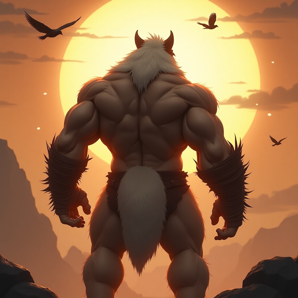 Muscular figure seen from the back. Massive physique highlighted. Dramatic pose in sunset backdrop. Fur adds fantasy element. Ethereal lighting with flying birds. Powerful atmosphere. Digital art style.