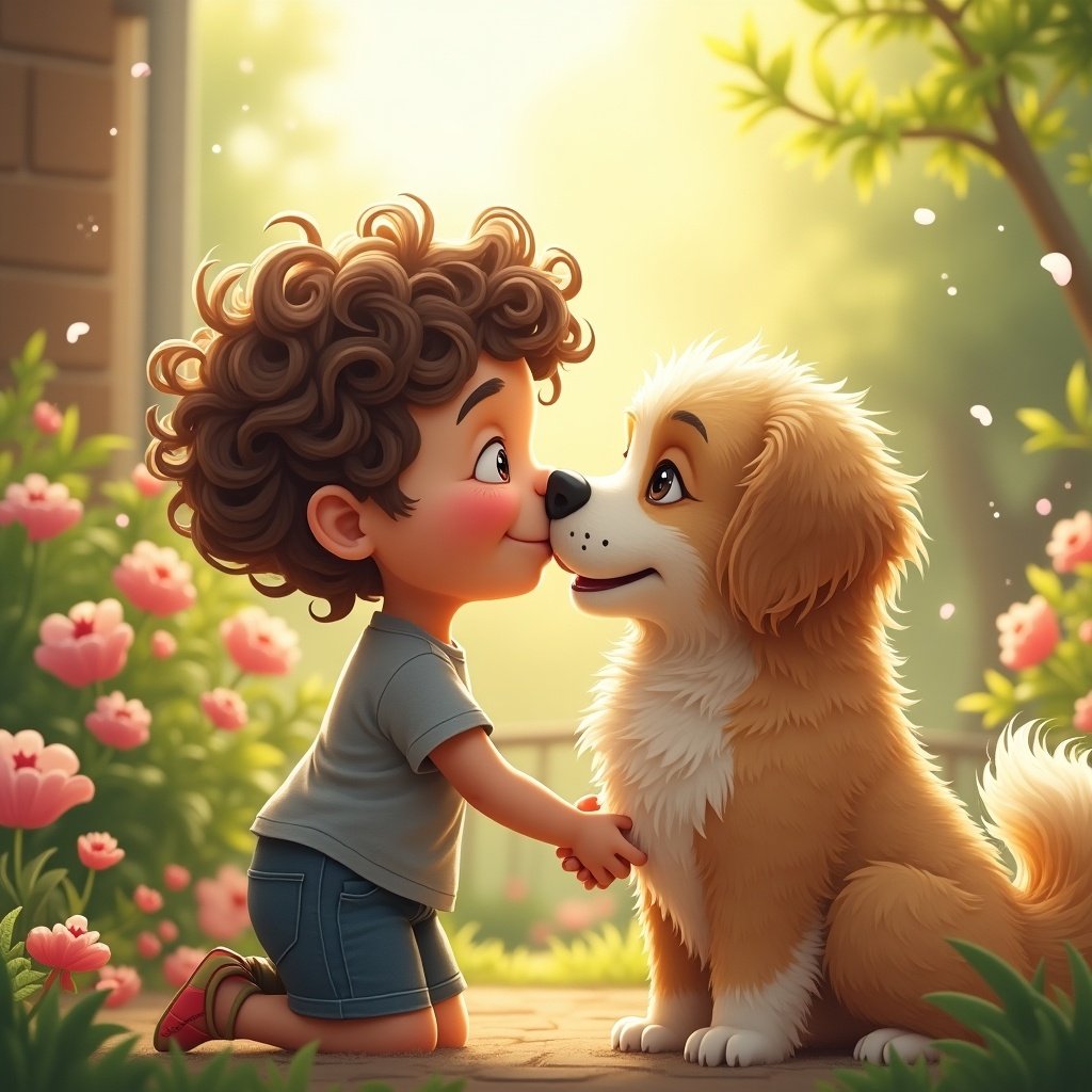 Little boy interacts with a dog. The boy appears affectionate. They share a moment. Sunlight creates a warm atmosphere. Nature provides the backdrop. Flowers add a playful touch. The scene depicts childhood joy.