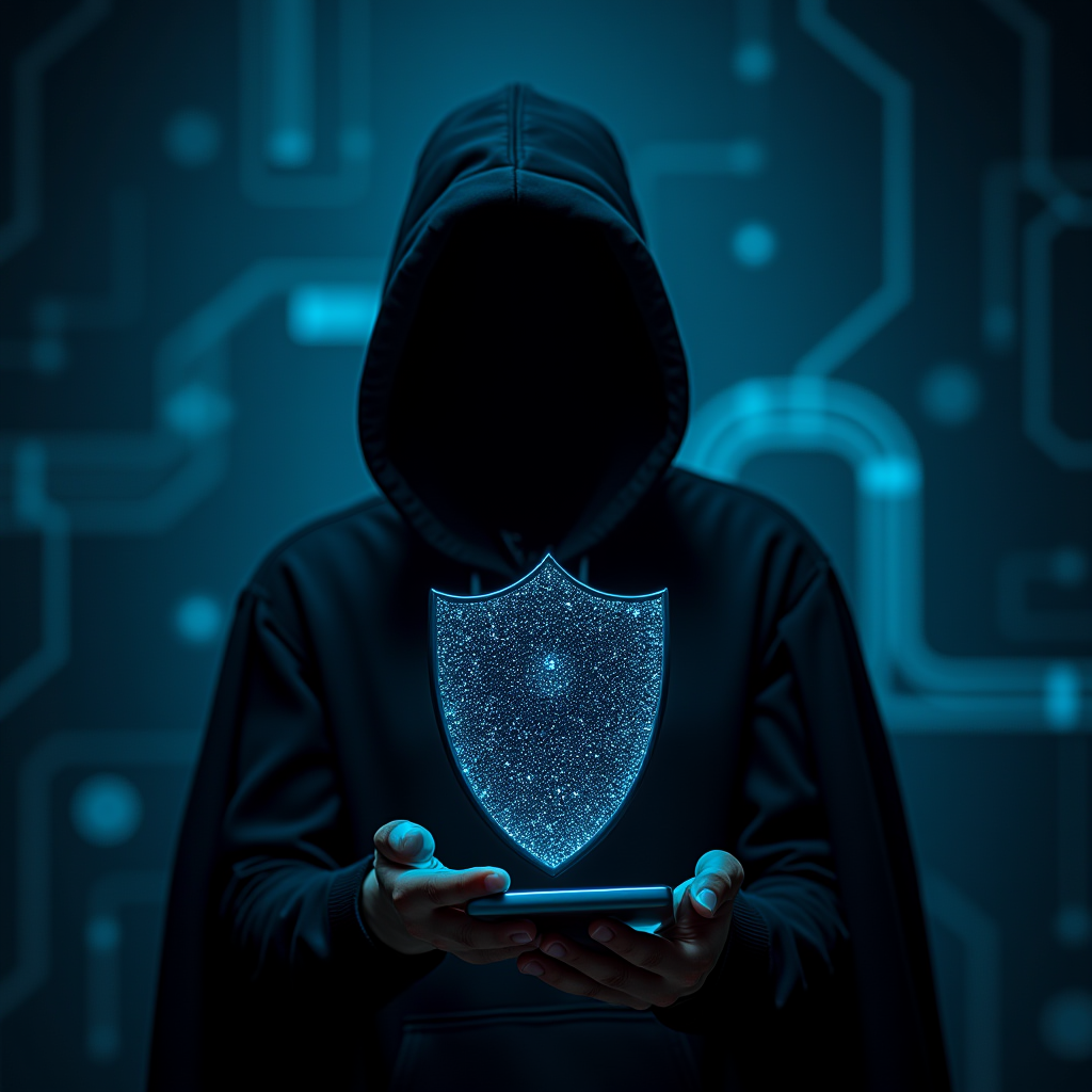 A mysterious hooded figure holds a digital shield symbol above a smartphone, symbolizing cybersecurity.