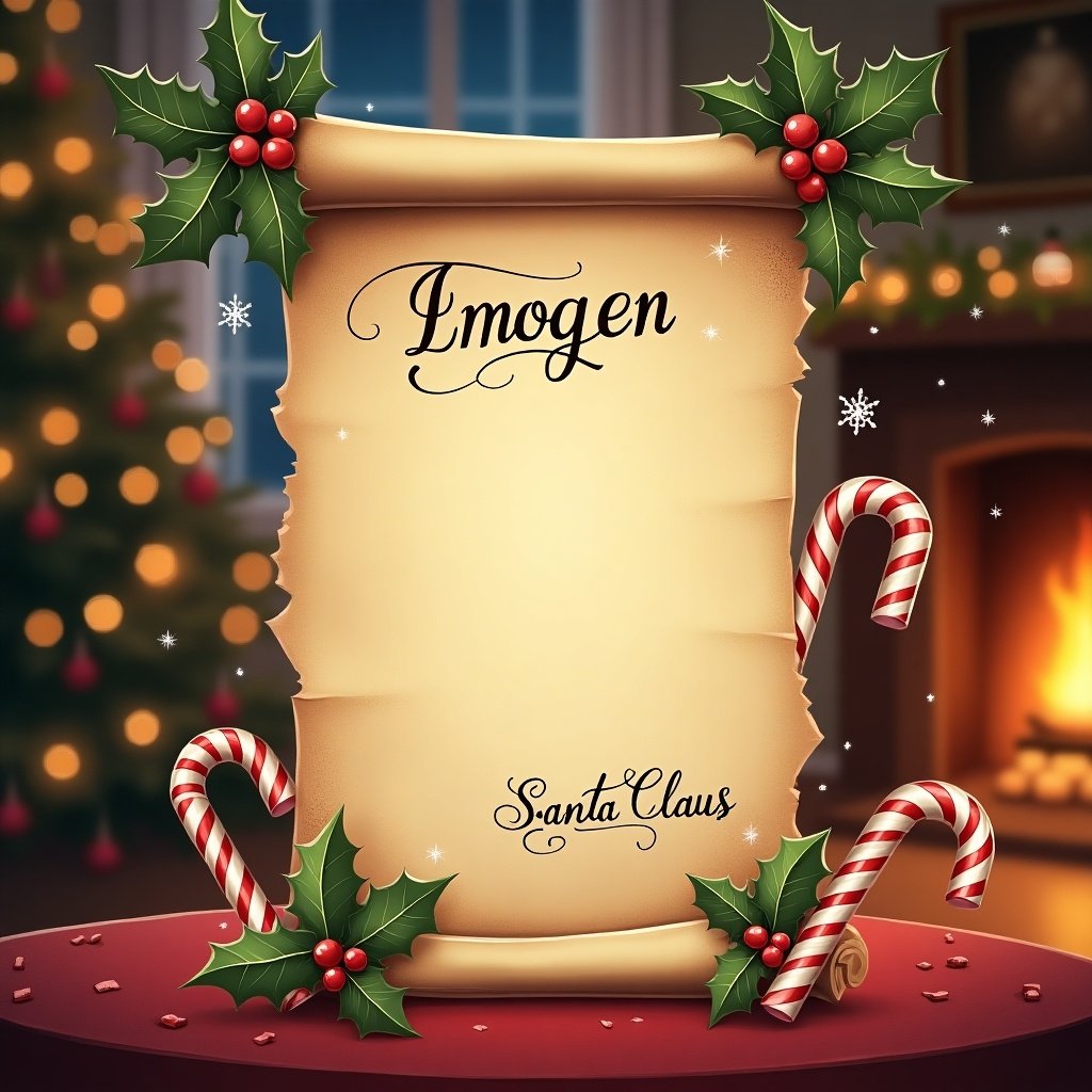 A festive letter from Santa Claus addressed to Imogen. The scroll is decorated with holly and candy canes. Background displays a cozy fireplace and Christmas tree.