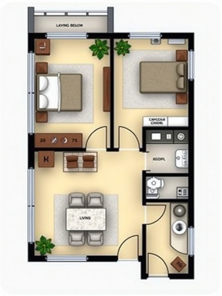 Detailed layout for a 2 bedroom apartment. Includes small living area and kitchen. Optimized for space usage. Designed for 75 square meters.