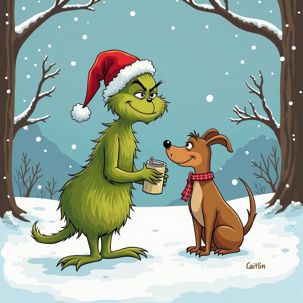 Cartoonish Grinch wearing a Santa hat stands with a dog in a snowy landscape. The Grinch holds a cup, and they are in a winter setting with trees. The name Caitlin is written in the snow nearby.