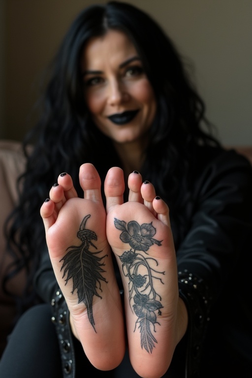 A mature goth woman with long black hair and black lips smiles as she shows off her tattooed soles. Her feet display intricate designs. She is seated on a couch.