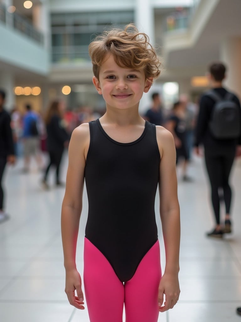 Teenage boy is wearing a black leotard and pink leggings. Boy is standing in a public area filled with people. Shot captures the boy's posture and attire clearly.