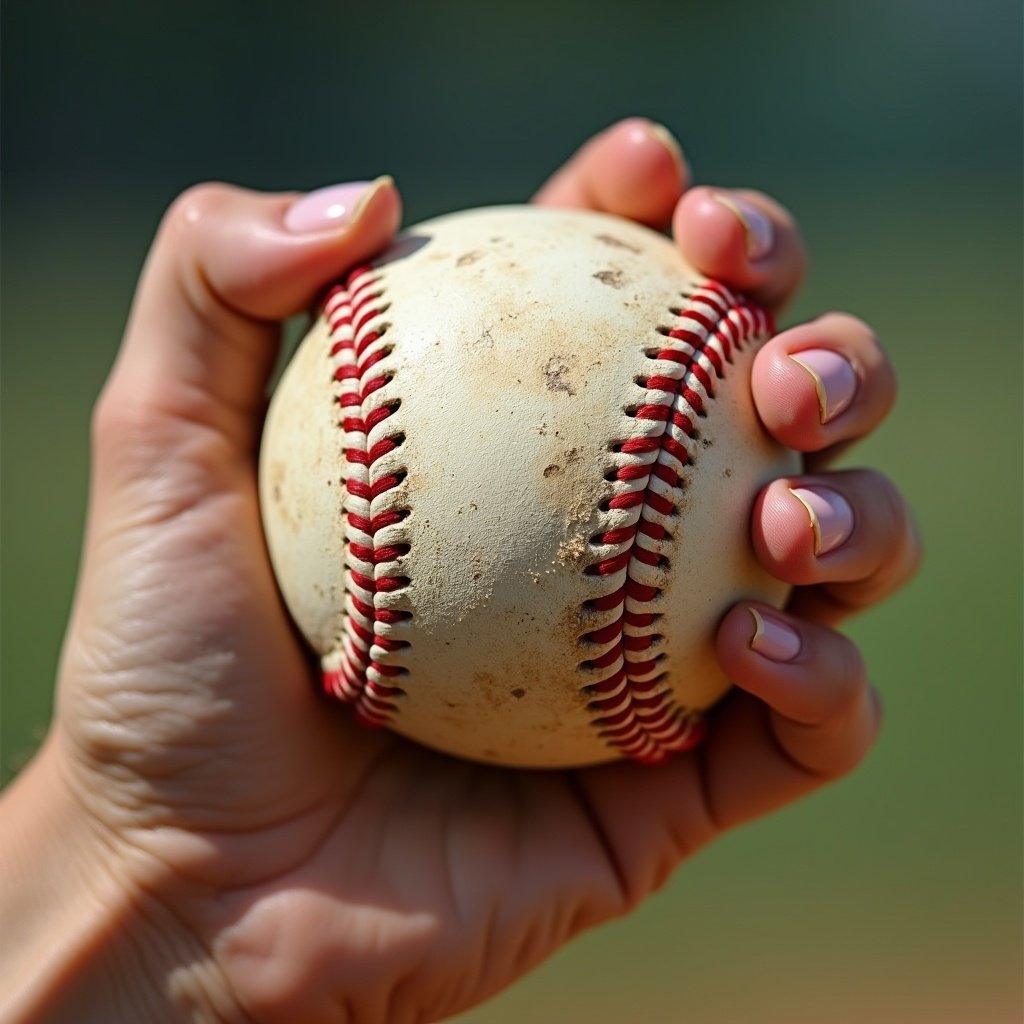 A hand grips a worn baseball preparing for a pitch. Focus on the hand and the ball. Close-up shot emphasizing textures.