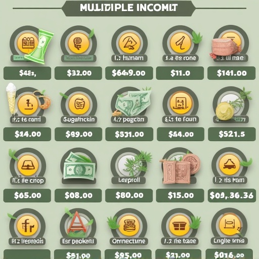 An infographic representing diverse income sources. Features images of money, charts, and financial symbols. Used for financial education and income generation.