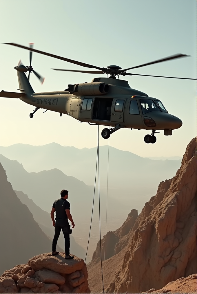 A helicopter hovers above rugged desert mountains as a person stands on a rocky ledge nearby, observing the dramatic landscape.