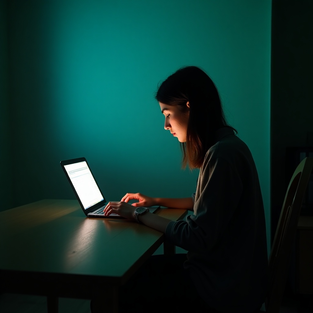 A person sits at a wooden table focused on a glowing laptop screen with a teal-lit background adding a serene mood.